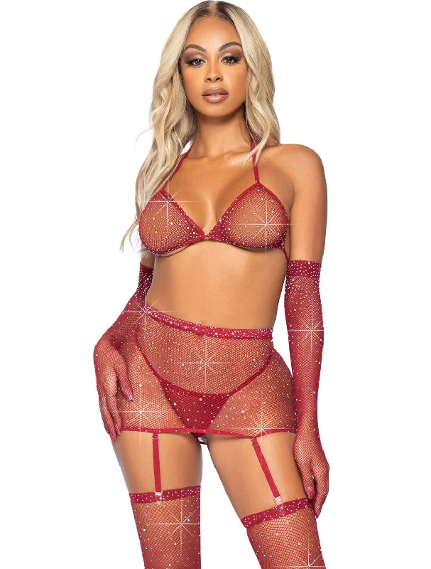 Burgundy 5 PC Rhinestone Bra Set