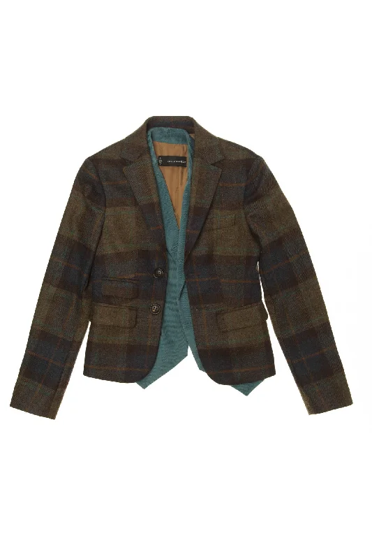 Women's Zip-Up CoatsDsquared2 - Brown Plaid Blazer with Teal Attached Velvet Vest - IT 44