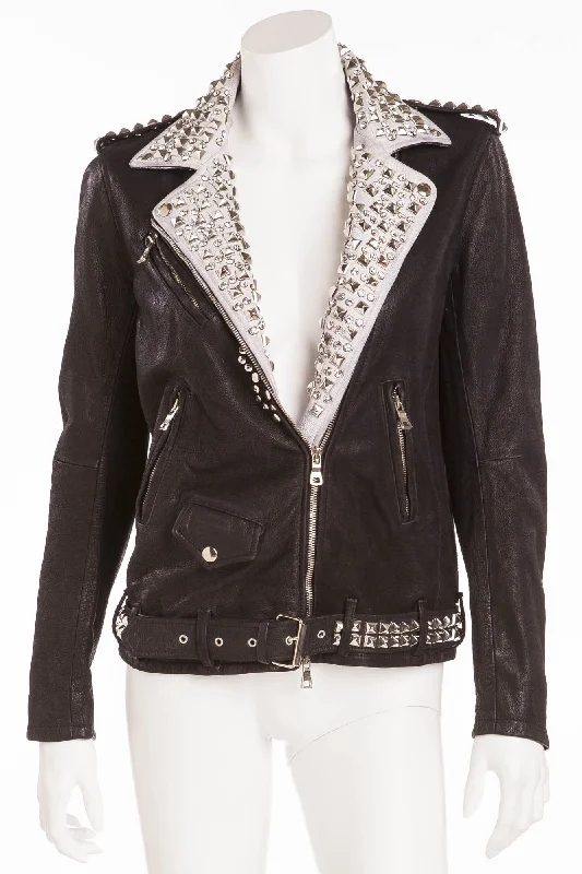 Women's Hooded CoatsBalmain - Brand New with Tags Black Leather Jacket White Trim w/Silver Studs + Rhinestones - FR 40