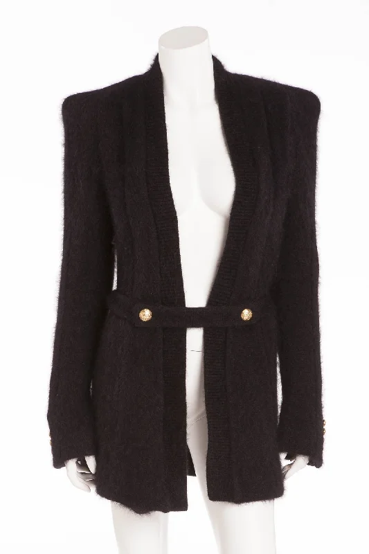 Women's Coats with Fur Trimmed ButtonsBalmain - New with Tags Black Angora Long Sleeve Sweater with Gold Buttons - FR 40