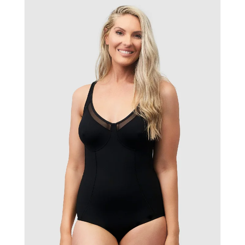 body shaper with mesh panels for breathabilityWirefree Opaque Shaping Bodysuit With Mesh