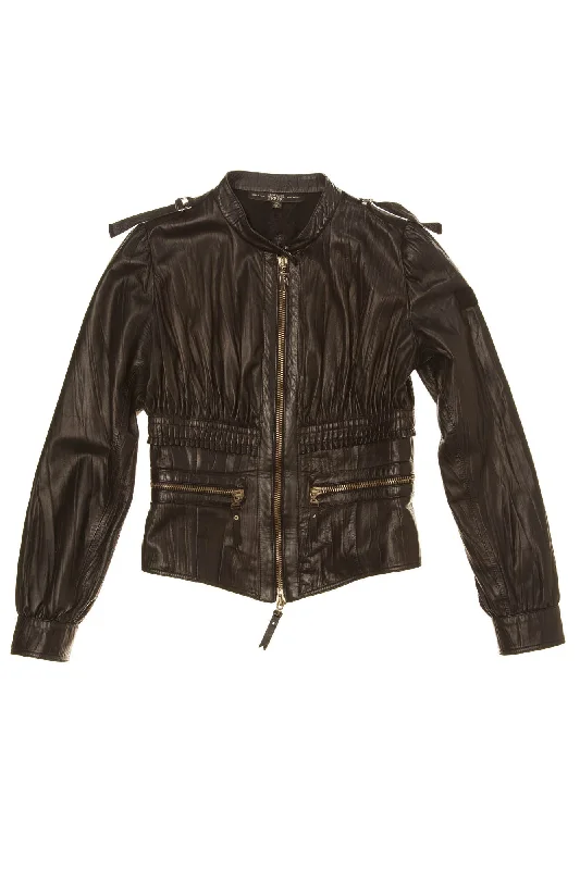 Women's Coats with Fur Trimmed SleevesGianfranco Ferre - Black Leather Zip Up Jacket - IT 40