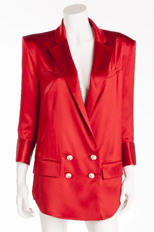 Women's Coats with Fur Trimmed PocketsBalmain - New with Tags Red Silk Blazer with Gold Buttons - FR 40