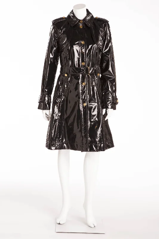 Women's Coats with Fur Trimmed HoodRoberto Cavalli - Black Patent Long Sleeve Coat with Tie Waist - IT 42