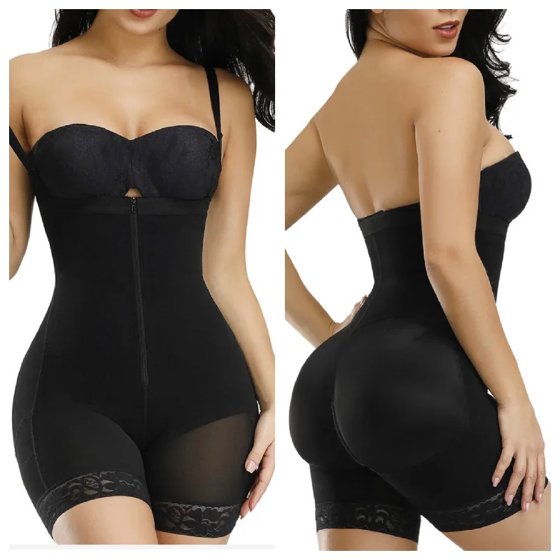 plus-size high-waisted shapewear shortsBlack Detachable Straps Full Body Shaper Zipper Body Shapewear