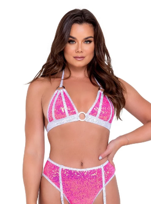 Roma Rave Festival Two-Tone Sequin Bikini Top Hot Pink