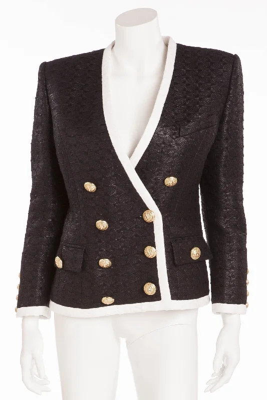 Women's PeacoatsBalmain - Black Blazer White Trim Gold Buttons - FR 40