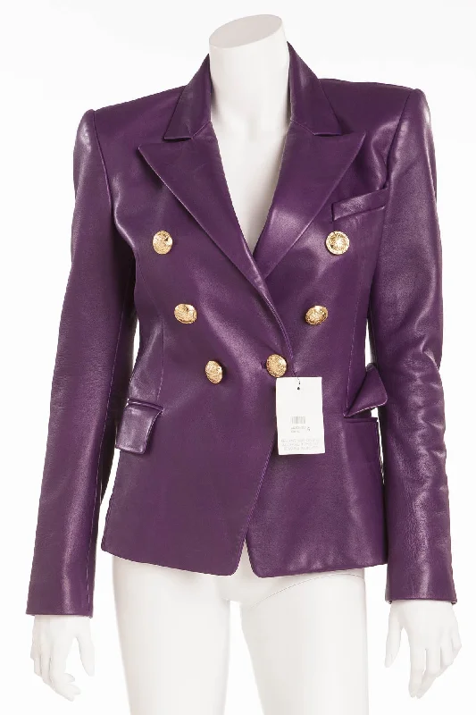 Women's Coats with Fur Trimmed BeltBalmain - Purple Leather Blazer Gold Buttons NWT - FR 40