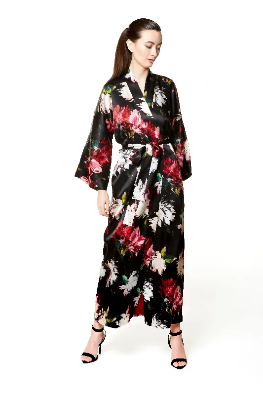 women's pajamas designed for those who believe in sweet dreams and cozy nights.Christine Silk Long Robe - Valentina Print - Made in Canada