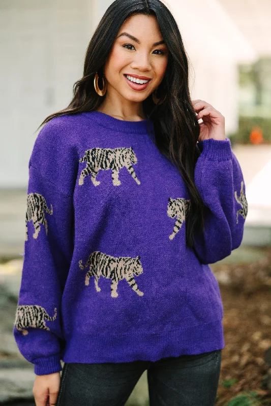 Women's Shirred SweatersOut On Town Violet Purple Tiger Sweater