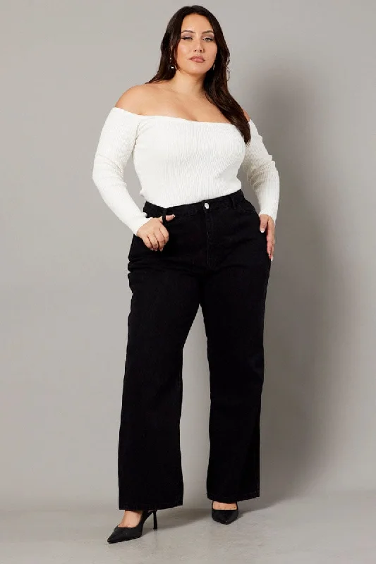 Women's Jodhpurs with Lapel CollarBlack Wide Leg Jeans High Rise Distress Details