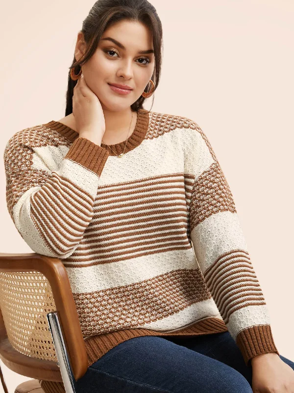 Women's Wide Collar SweatersRound Neck Striped Patchwork Texture Pullover