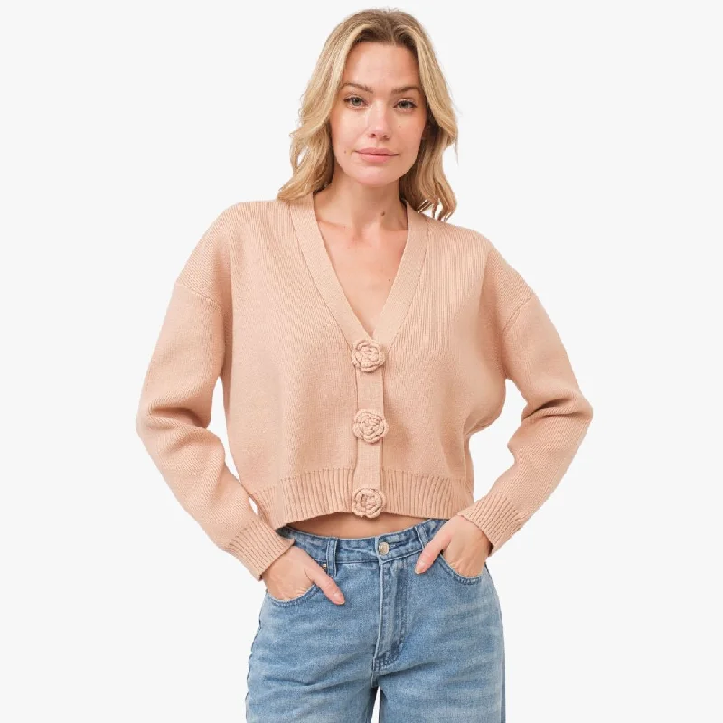 Women's Narrow Collar SweatersKnitted Rosette Detail Cardigan (Nude)