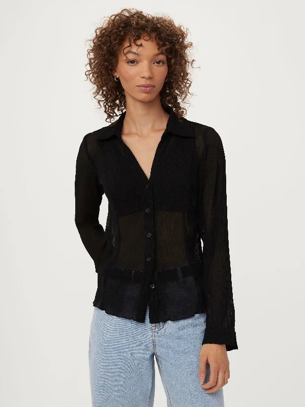 Women's Puffed Sleeve SweatersThe Textured Sheer Blouse in Black