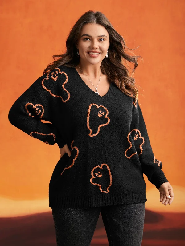 Women's Zip-Up SweatersSpooky Ghost Pattern V-Neck Pullover