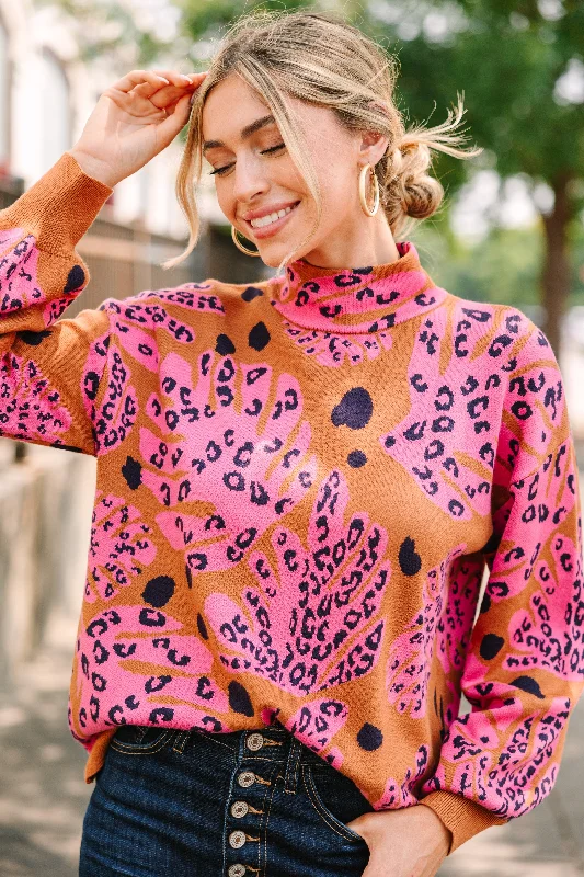 Women's V-Shaped Collar SweatersFate: Dance Around It Camel Brown Mixed Print Sweater