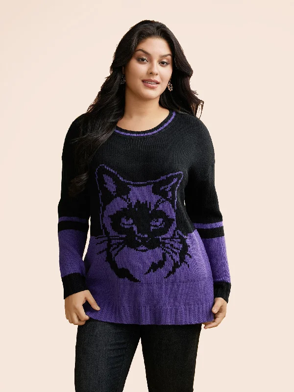 Women's Boat Collar SweatersMystic Cat Pattern Crew Neck Pullover