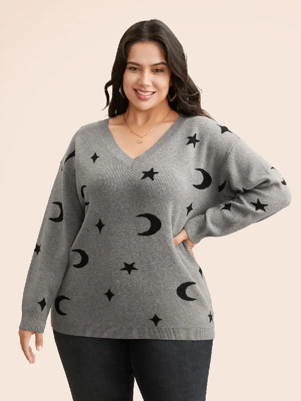 Women's Patchwork SweatersSupersoft Essentials Celestial Jacquard V-Neck Pullover