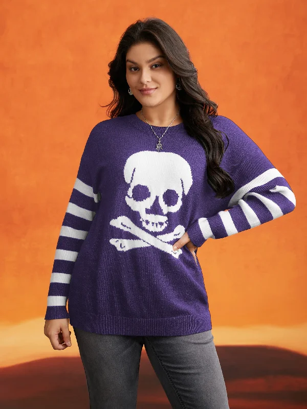 Women's Fine Gauge SweatersSupersoft Essentials Gothic Skull Striped Sleeves Pullover