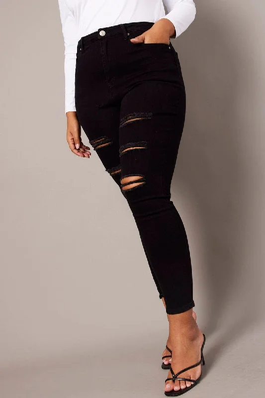 Women's Jodhpurs with Low CollarBlack Skinny Jeans High Rise