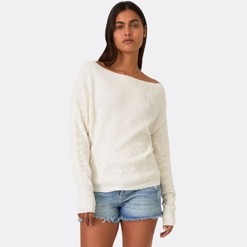 Women's Lapel Collar SweatersLong Sleeve Waffle Knit Pullover Sweater (Natural)