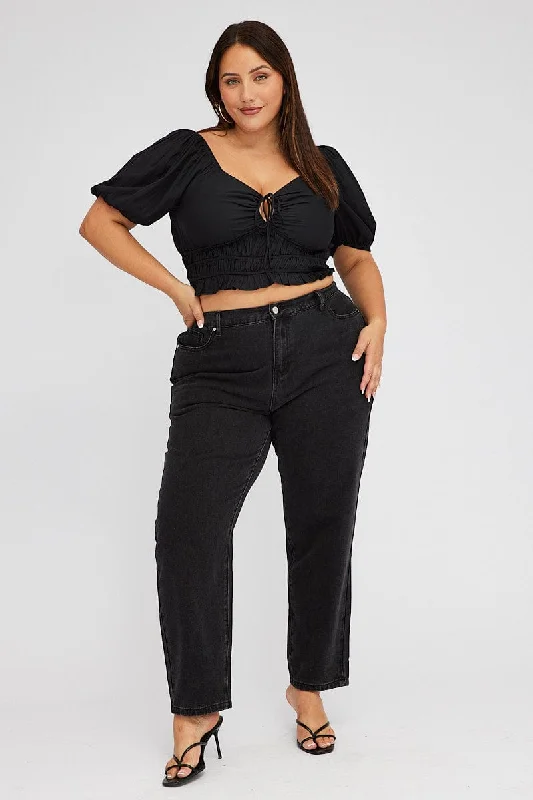 Women's Jodhpurs with Peter Pan CollarBlack Mom Jeans High Rise