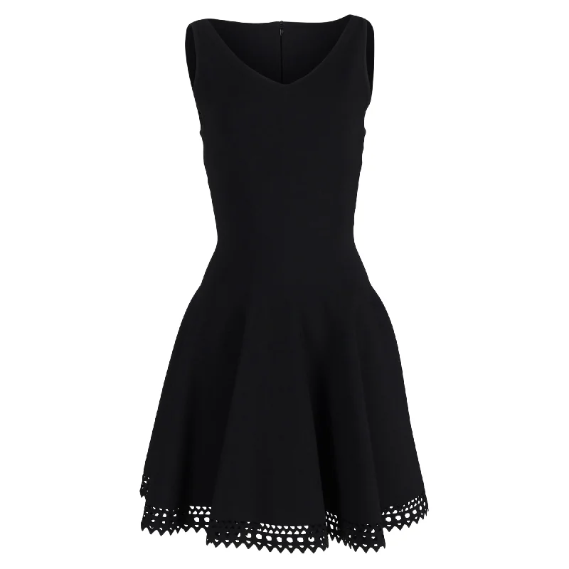 Women's Wide Collar DressesAlaïa Knit Cut-Out Detail Flared Dress in Black Wool