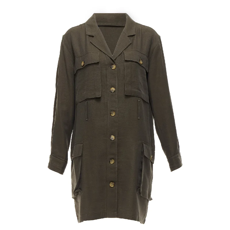 Women's Shirt Collar DressesAnine Bing Kaiden Willow Dark Green Pocketed Safari Shirt Dress