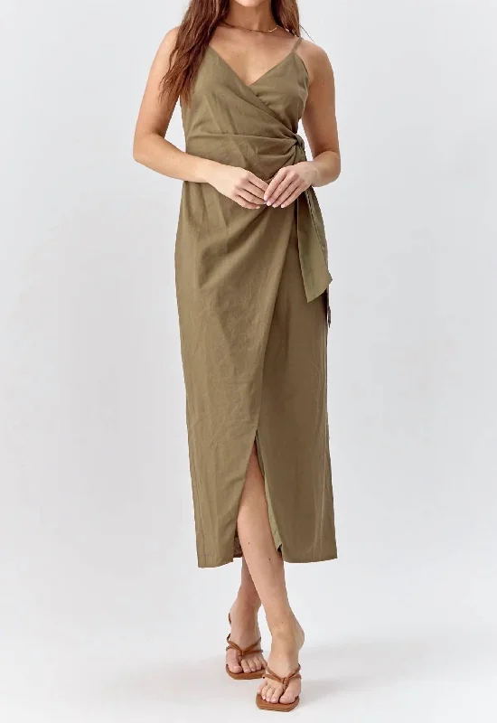 Women's Shawl Collar DressesAniston Wrap Tie Slip Linen Dress In Deep Olive