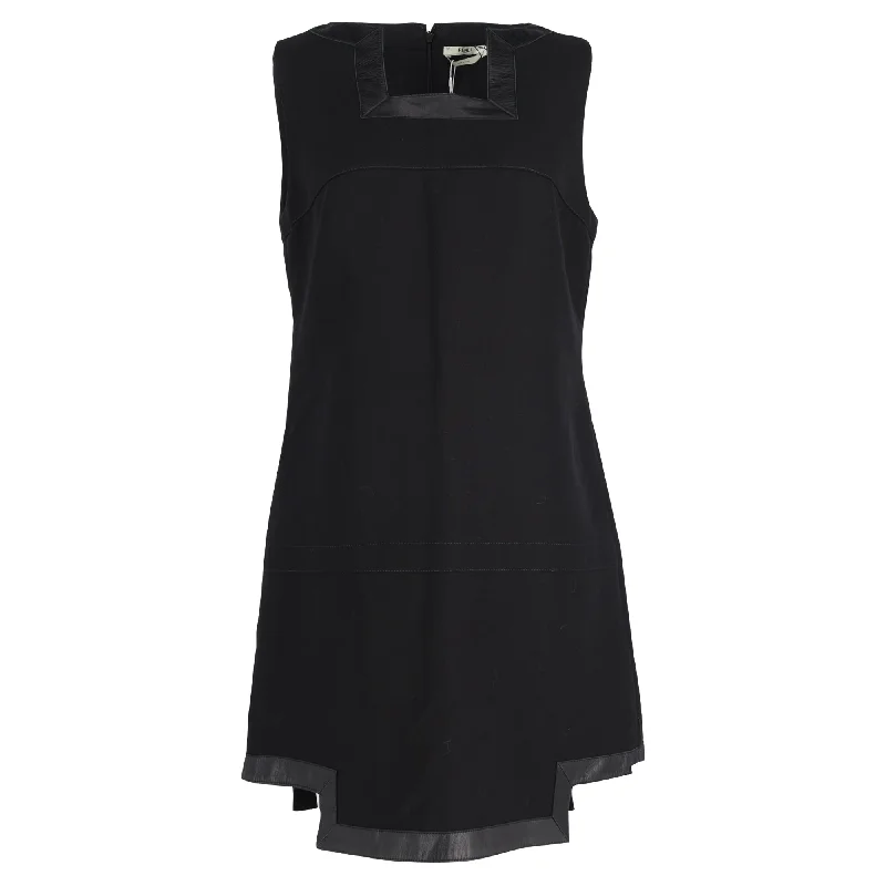 Women's Sweetheart-Neck DressesFendi Sleeveless Leather Trimmed Dress in Black Wool