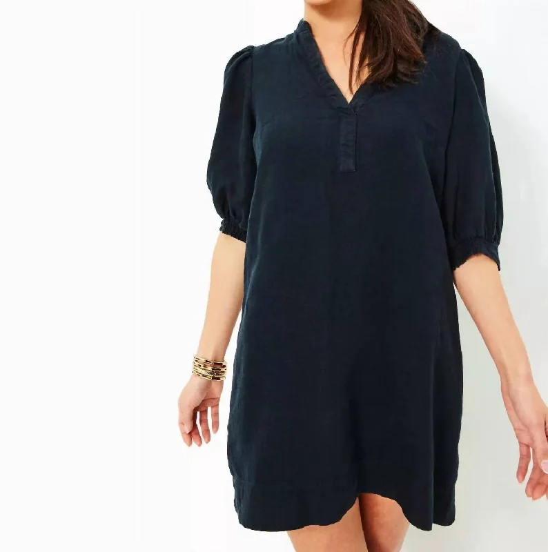 Women's Boat Collar DressesMialeigh Elbow Sleeve Linen Dress In Noir