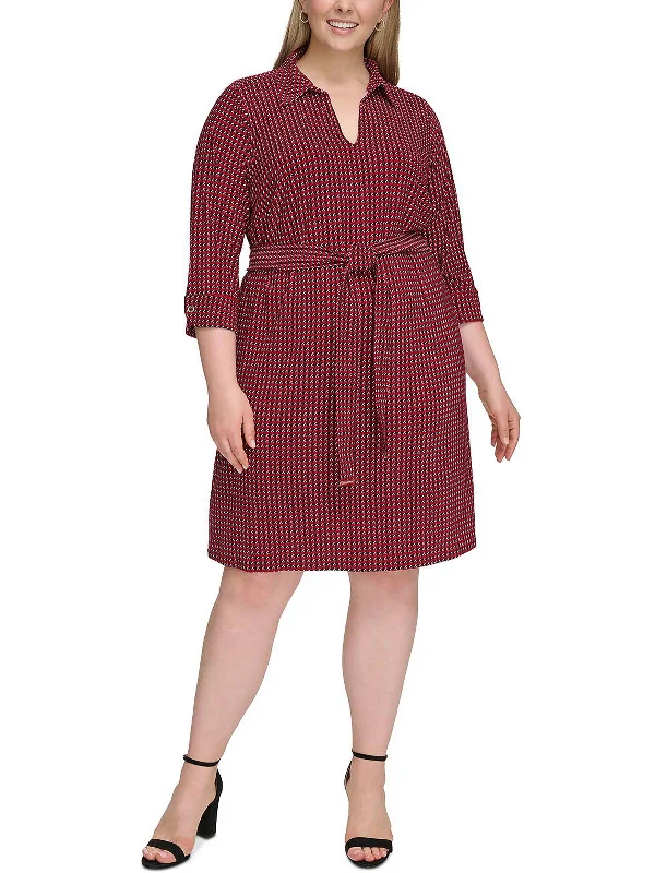 Women's High-Neck DressesPlus Womens Houndstoth V-Neck Shirtdress