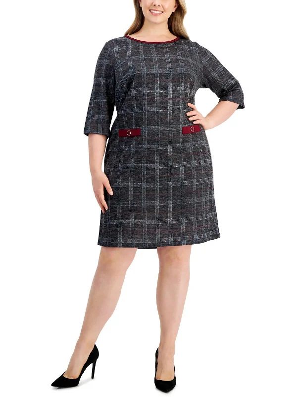 Women's Peter Pan Collar DressesPlus Womens Knit Plaid Sheath Dress