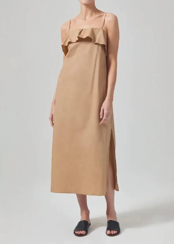 Women's Low-Neck DressesSable Flounce Dress In Incense Khaki