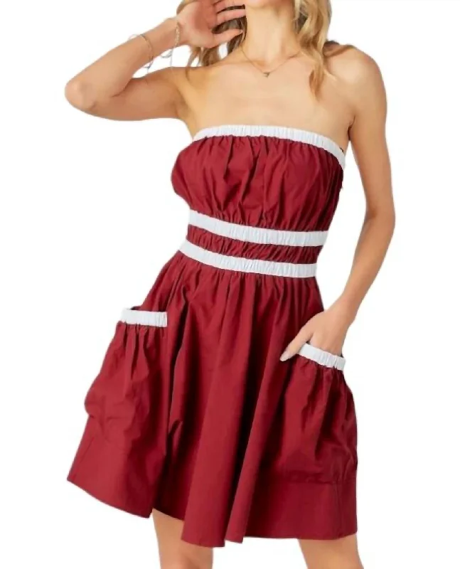 Women's Notched Collar DressesStrapless Stripes Pocket Dress In Crimson