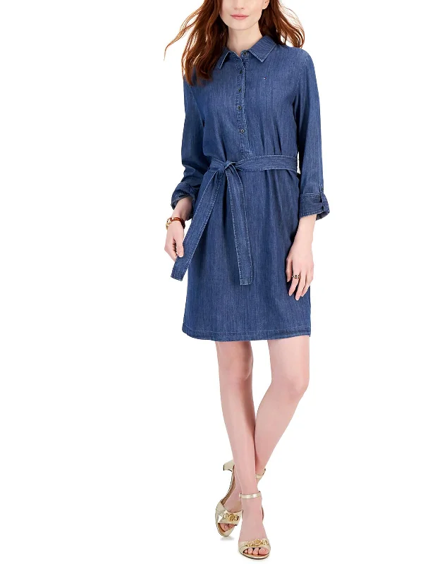 Women's Low-Neck DressesWomens Collar Belted Shirtdress