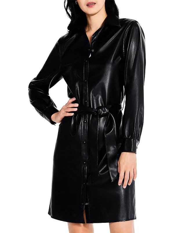 Women's Short-Sleeve DressesWomens Faux Leather Knee Length Shirtdress