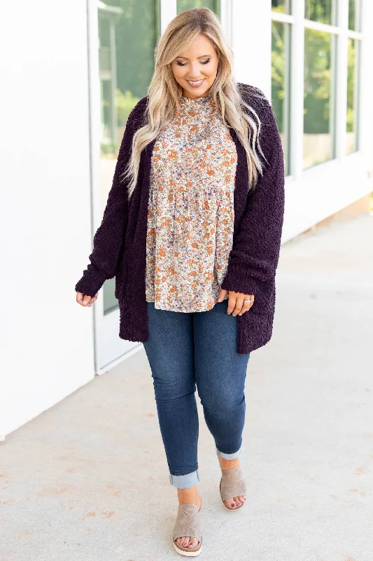 Women's Blouse with RufflesLatte Lover Cardigan, Dark Plum