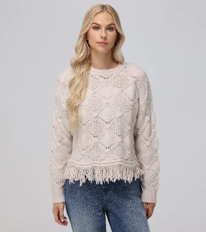 Women's Patterned BlousePointelle Fringe Pullover