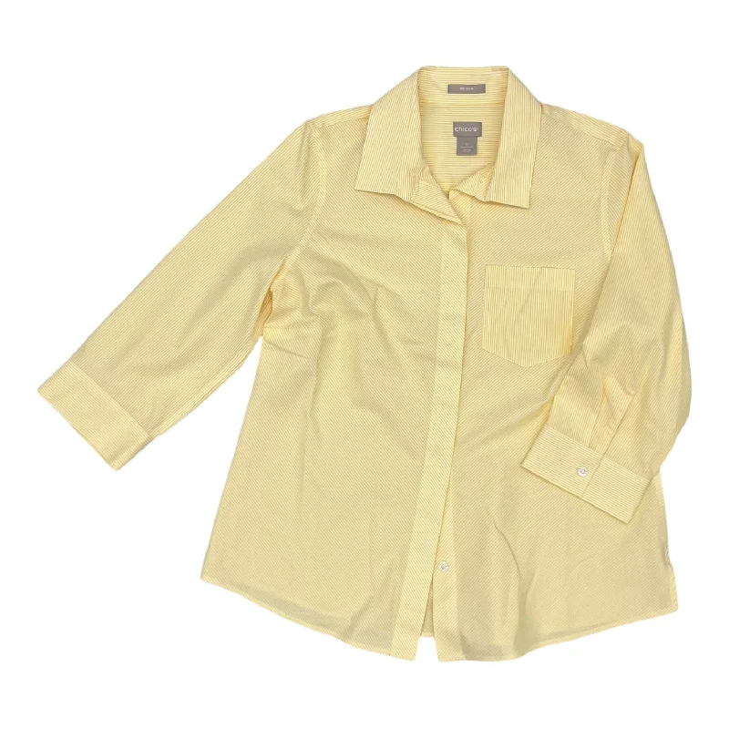 Women's Blouse with EmbroideryTop 3/4 Sleeve By Chicos In White & Yellow, Size:S