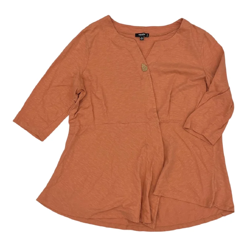 Women's Blouse with SmockingTop 3/4 Sleeve By Premise Studio In Orange, Size:1X