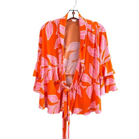 Women's Blouse with Keyhole CollarTop 3/4 Sleeve By Venus In Orange & Pink, Size: Xs