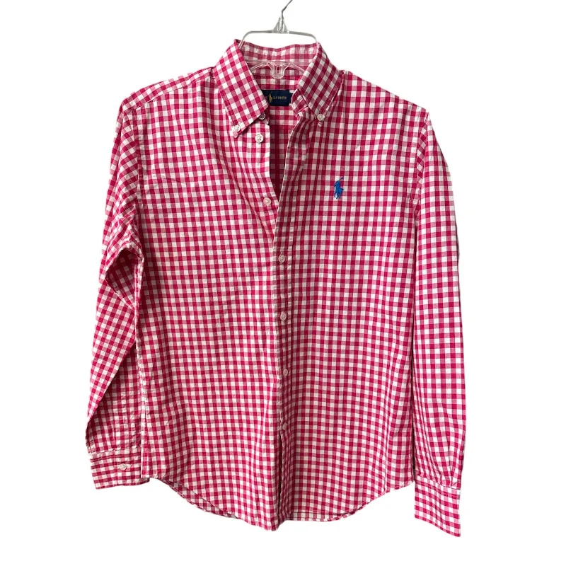 Women's Blouse with Boat CollarTop Long Sleeve Basic By Ralph Lauren Blue Label In Plaid Pattern, Size: S