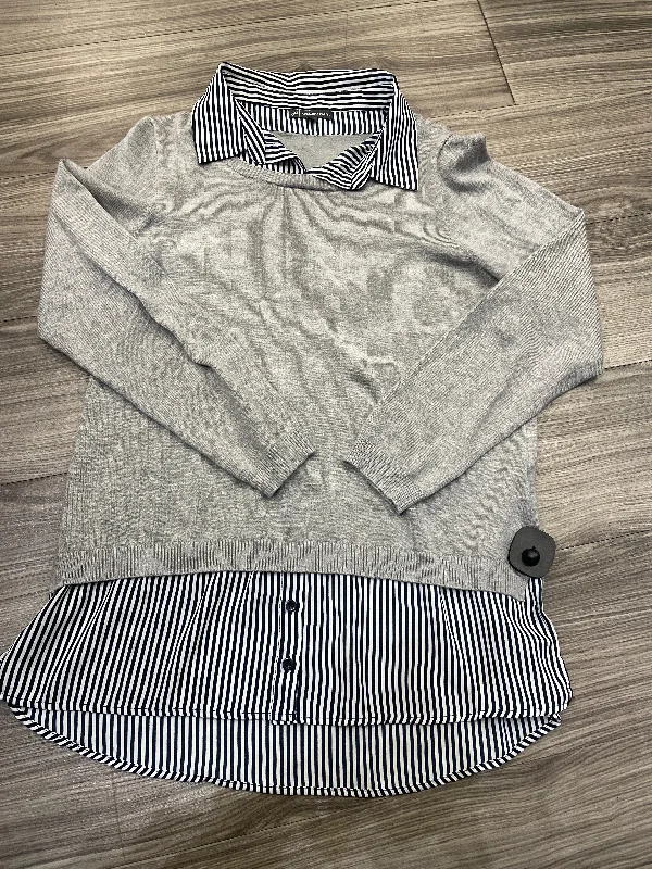 Women's Blouse with Shirt CollarTop Long Sleeve By Adrianna Papell In Grey, Size: L