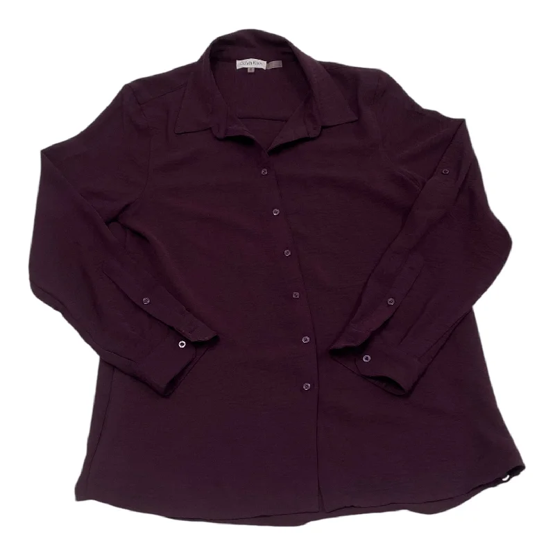 Women's Blouse with Keyhole NeckTop Long Sleeve By Calvin Klein In Purple, Size: M