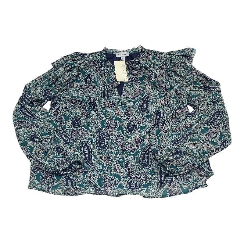 Women's Blouse with Low CollarTop Long Sleeve By Evereve In Blue & Green, Size: S