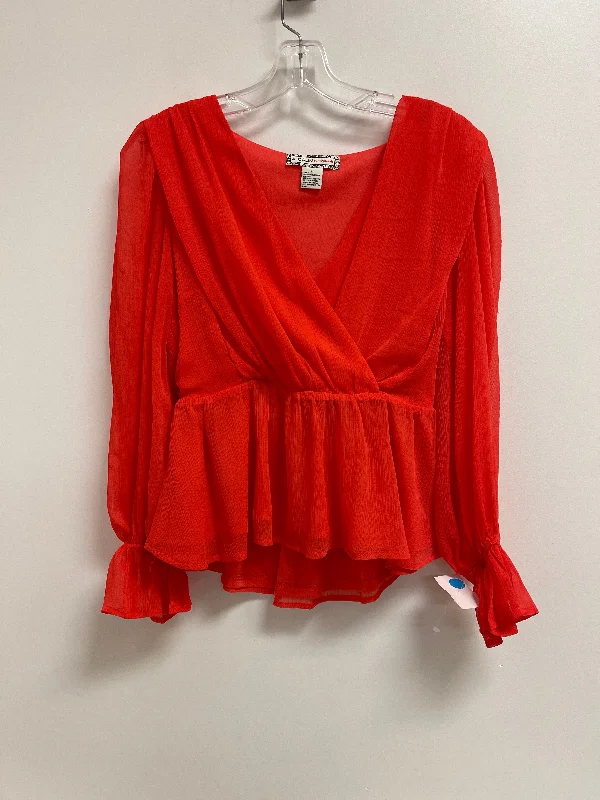 Women's Blouse with Notched CollarTop Long Sleeve By Flying Tomato In Red, Size: S