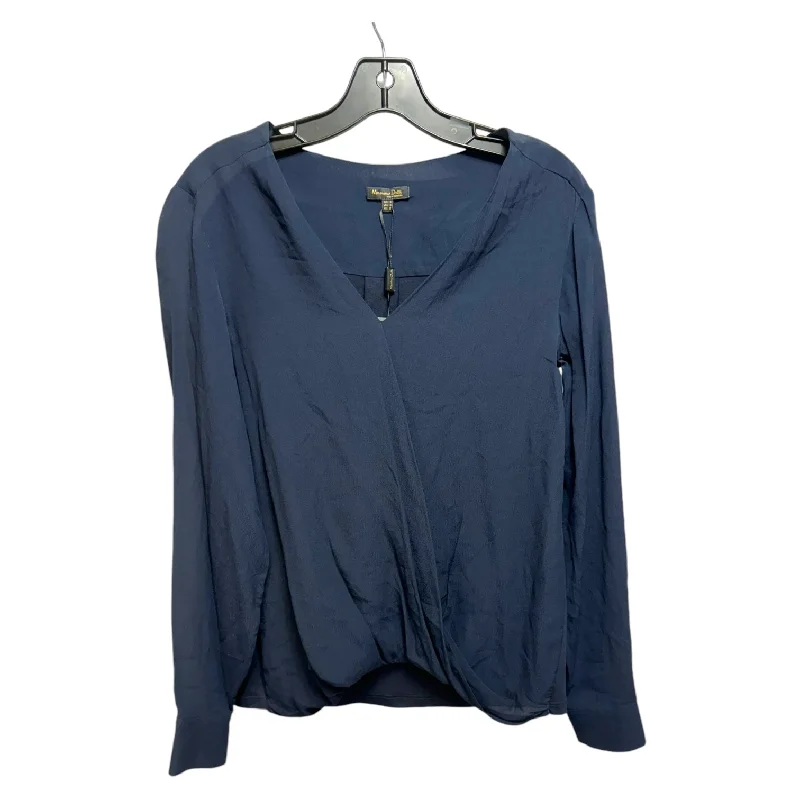 Women's Blouse with High CollarTop Long Sleeve By Massimo Dutti In Navy, Size: M