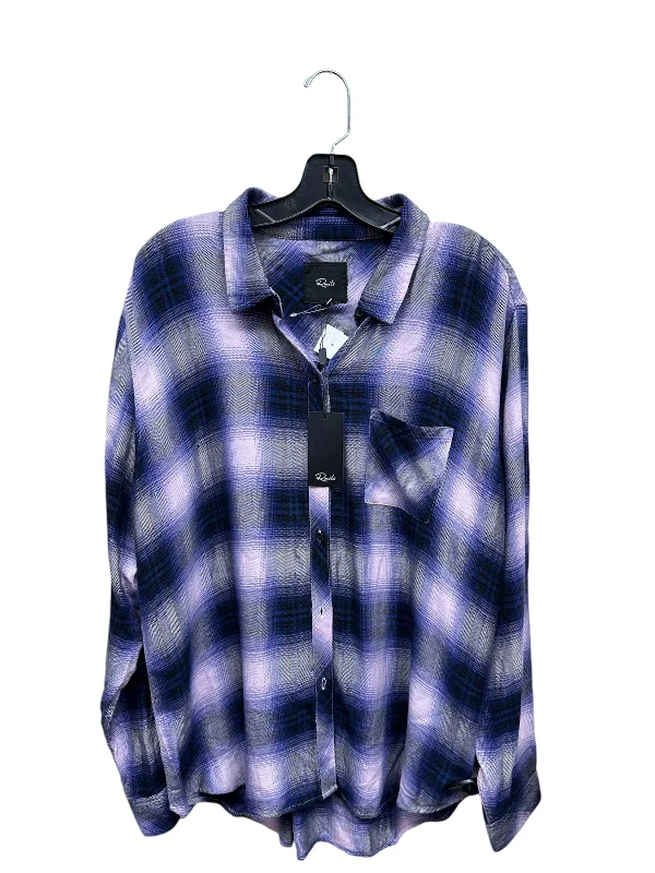 Women's Blouse with Square CollarTop Long Sleeve By Rails In Plaid Pattern, Size: L