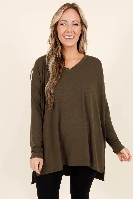 Women's Blouse with Mandarin CollarWhat About You Top, Dark Olive